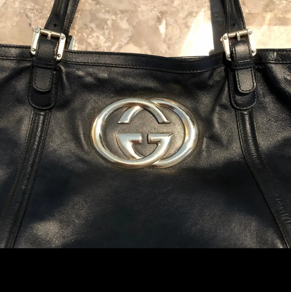 Gucci Black Leather Tote with Gold GG Emblem